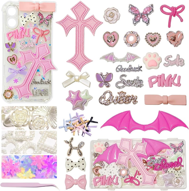 Wovelli Junk Phone Case Making Kit: Big Cute Pink Bow Charms Resin Flatback Pearls Rhinestone Letters for Phone Case, Nail Bling Charm, Decorating Kit for Girls Adults - Image 1